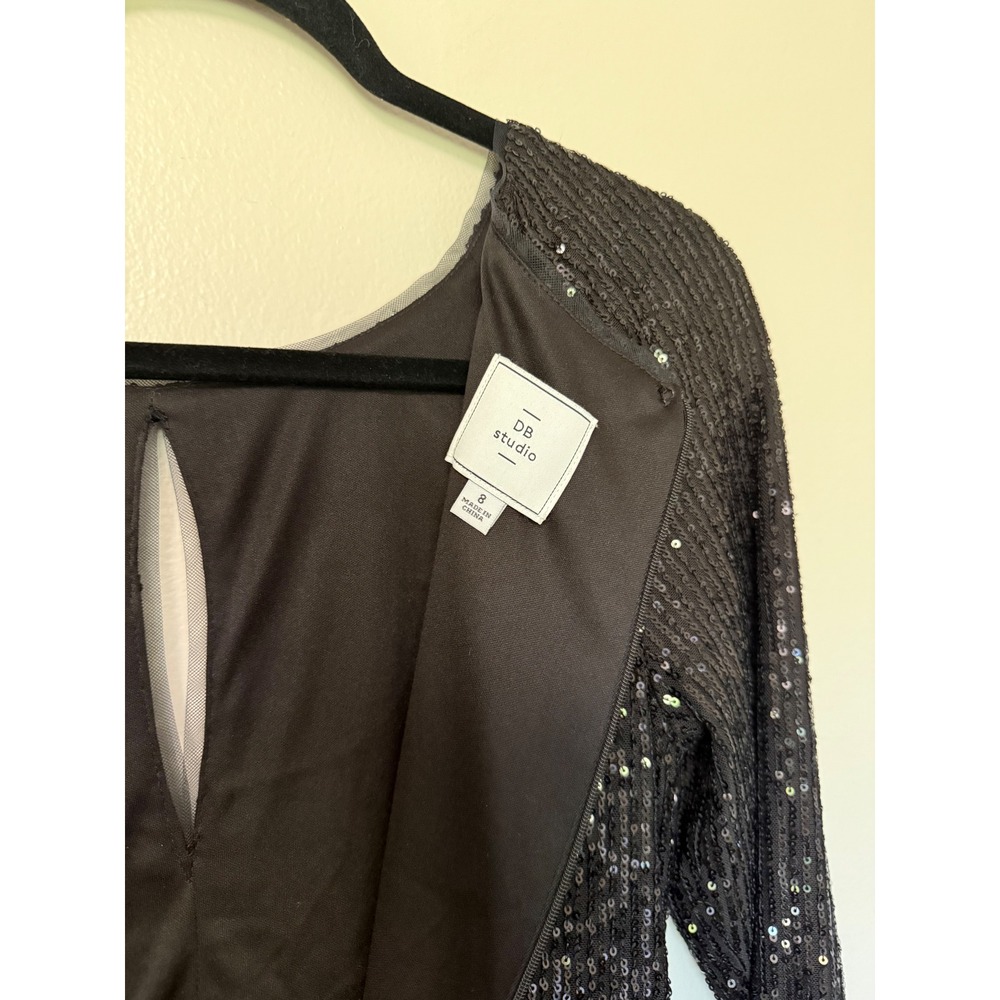 Black Sequin Long Sleeve Maxi Dress Shoulder Cut Out Side Slit Formal Gown - Picture 14 of 16